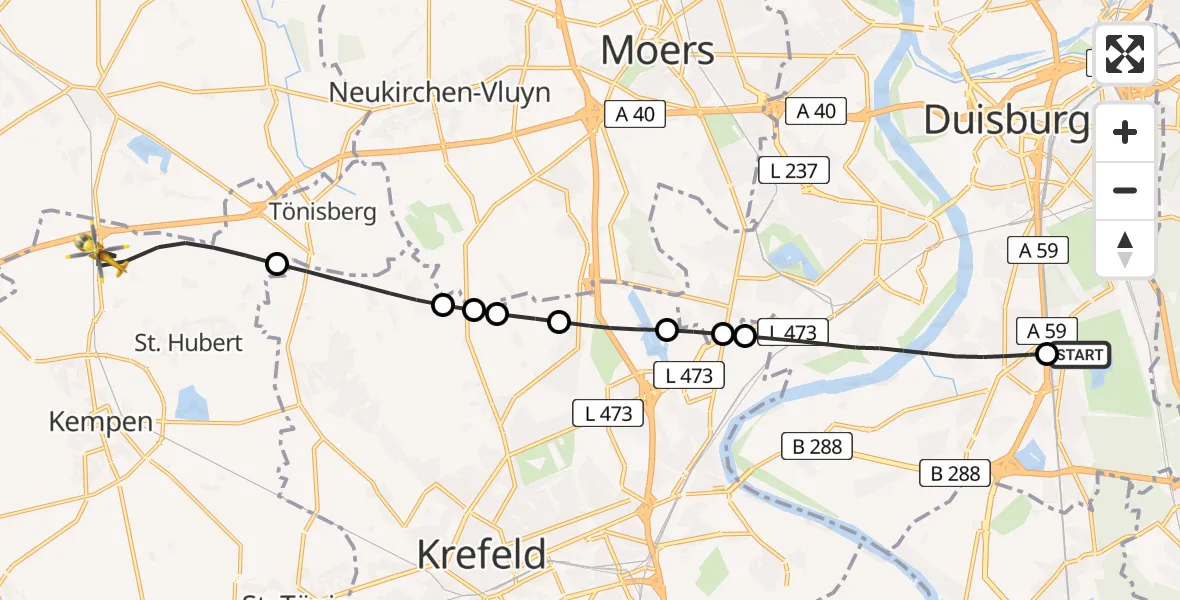 Flugroute Rettungshubschrauber Duisburg Air Rescue Hubschrauberlandeplatz (Christoph 9) - Kempen, 07 Juli 2026, 14:33