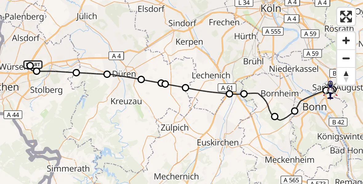 Flugroute Polizeihubschrauber Aachen-Merzbrück Flughafen - Sankt Augustin, 07 Juli 2026, 14:37