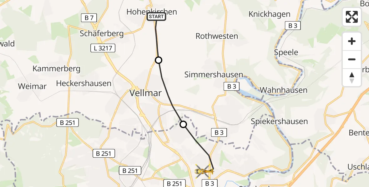Flugroute Rettungshubschrauber Espenau - Kassel, 07 Juli 2026, 14:42