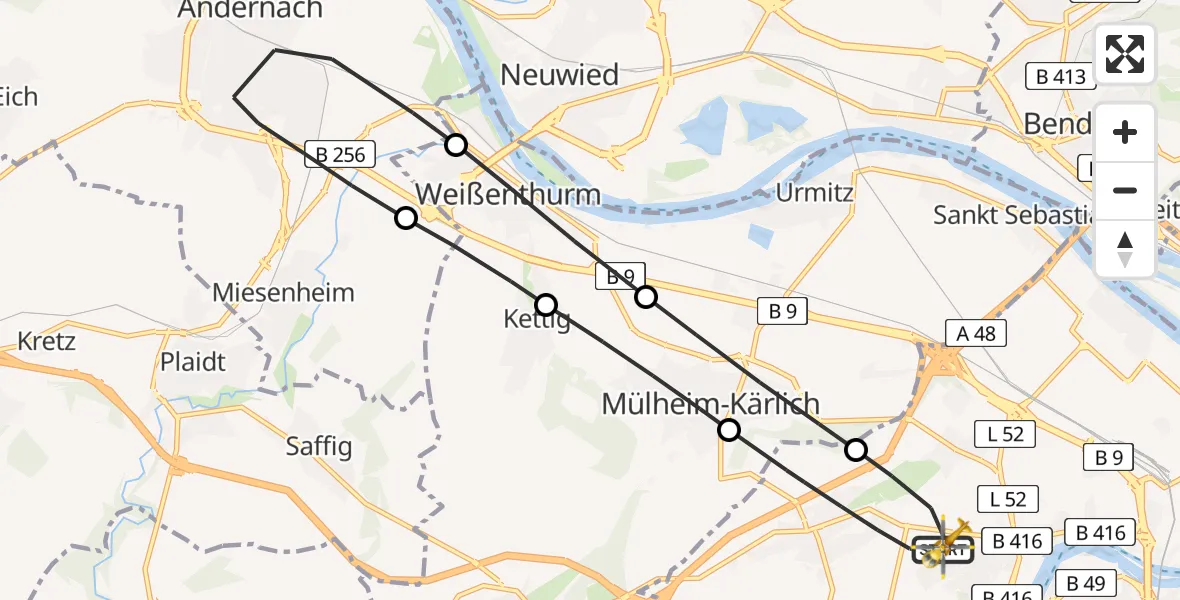 Flugroute Rettungshubschrauber Koblenz - Koblenz, 07 Juli 2026, 14:43