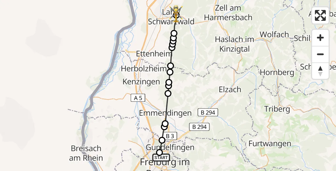 Flugroute Rettungshubschrauber Freiburg im Breisgau Flugplatz - Ortenau Hospital Lahr-Ettenheim, 07 Juli 2026, 14:44