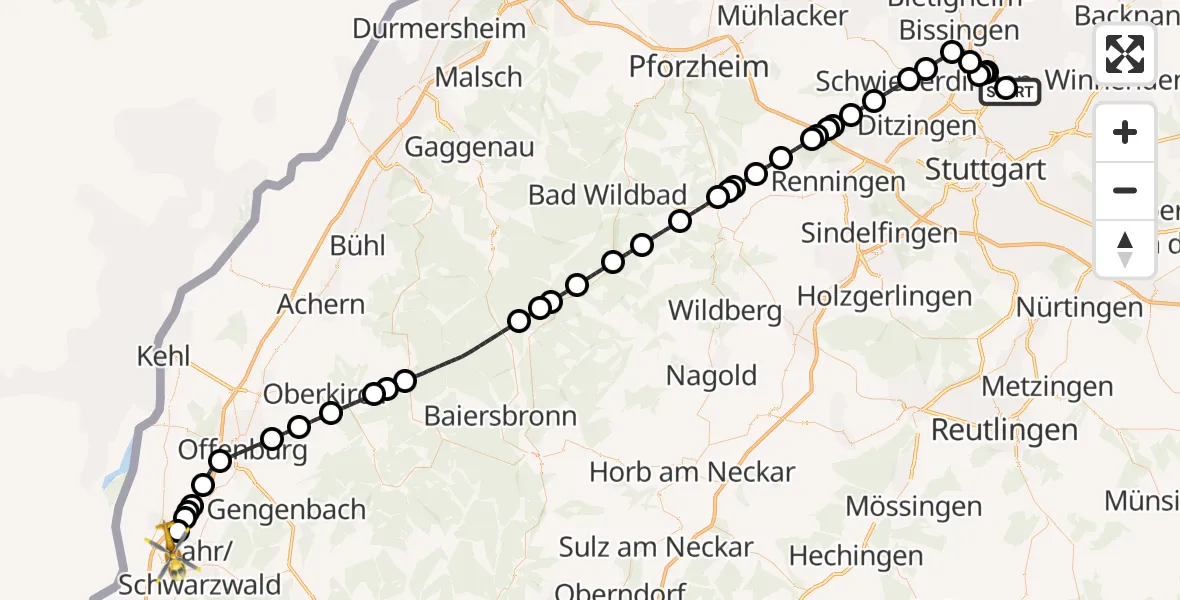 Flugroute Rettungshubschrauber Pattonville Flugplatz - Lahr Flughafen, 07 Juli 2026, 14:47
