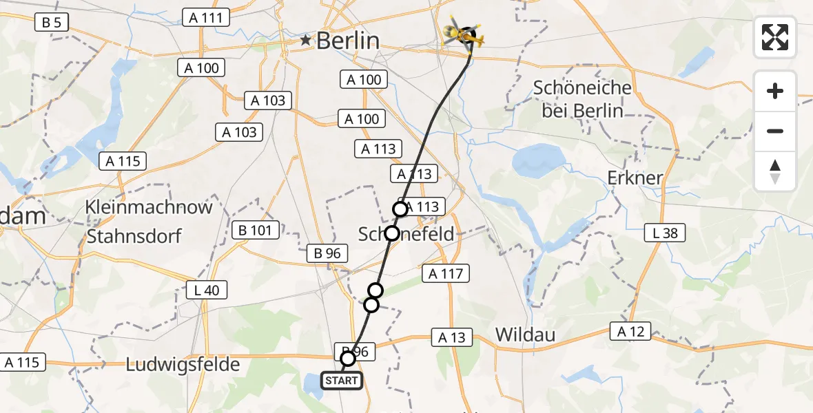 Flugroute Rettungshubschrauber Rangsdorf - Berlin Emergency Hospital, 07 Juli 2026, 14:49