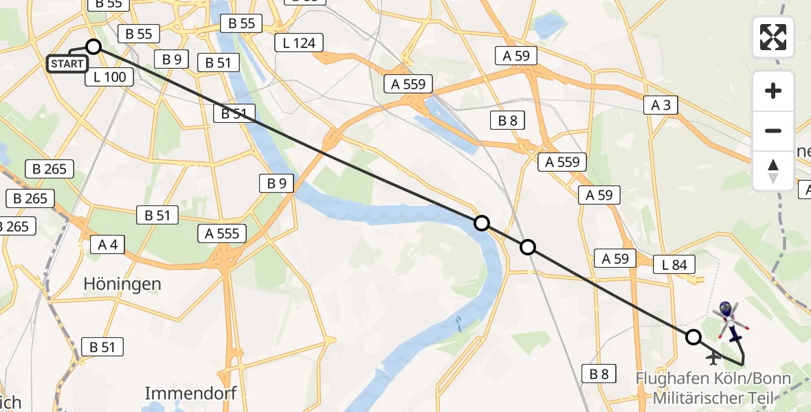 Flugroute Polizeihubschrauber Köln University Hospital - Köln Bonn Flughafen, 07 Juli 2026, 14:54