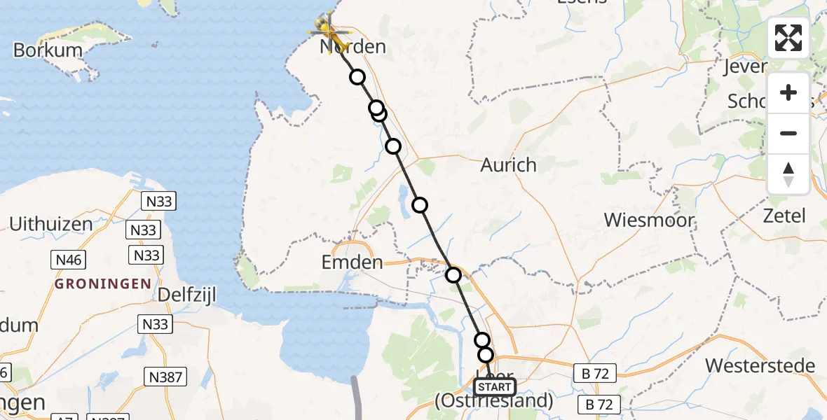 Flugroute Ambulanzhubschrauber Leer (Ostfriesland) - Norden, 07 Juli 2026, 14:54