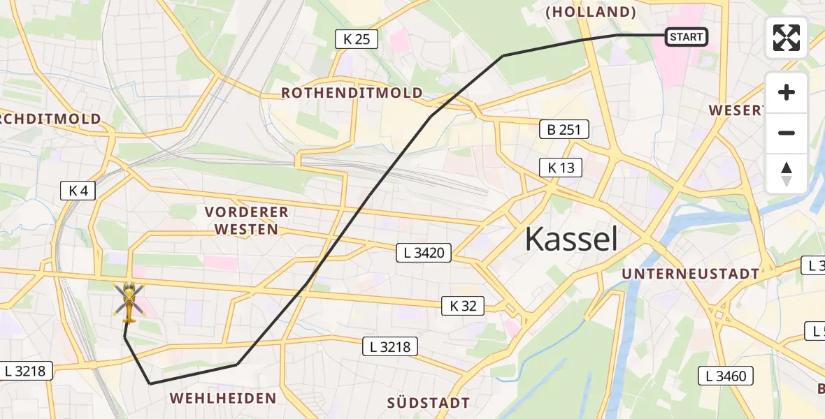Flugroute Rettungshubschrauber Kassel - Kassel, 07 Juli 2026, 15:04
