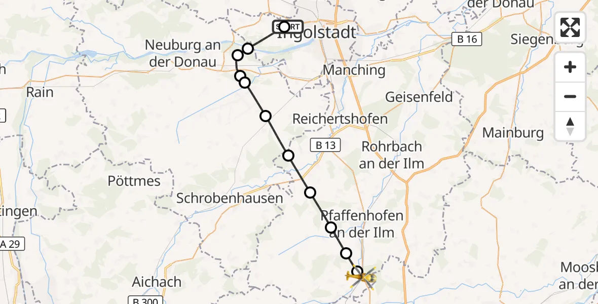 Flugroute Rettungshubschrauber Ingolstadt Hospital - Reichertshausen, 07 Juli 2026, 15:06