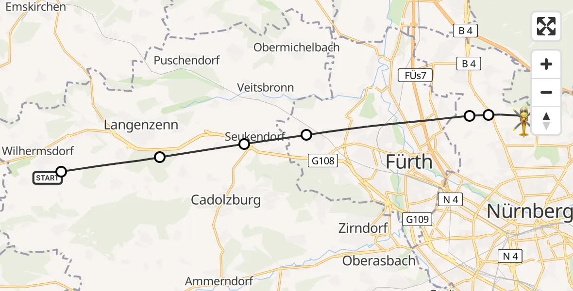 Flugroute Ambulanzhubschrauber Wilhermsdorf - Flughafen Nuremberg, 07 Juli 2026, 15:13