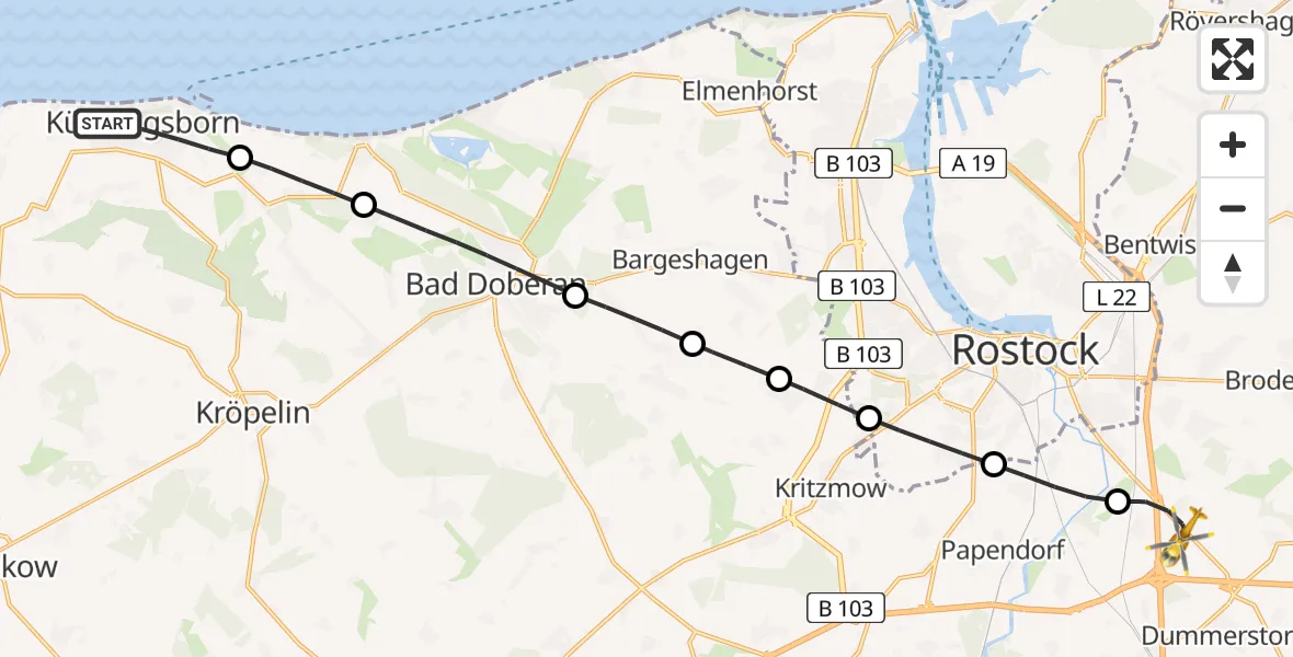 Flugroute Ambulanzhubschrauber Kühlungsborn - Dummerstorf, 07 Juli 2026, 15:15
