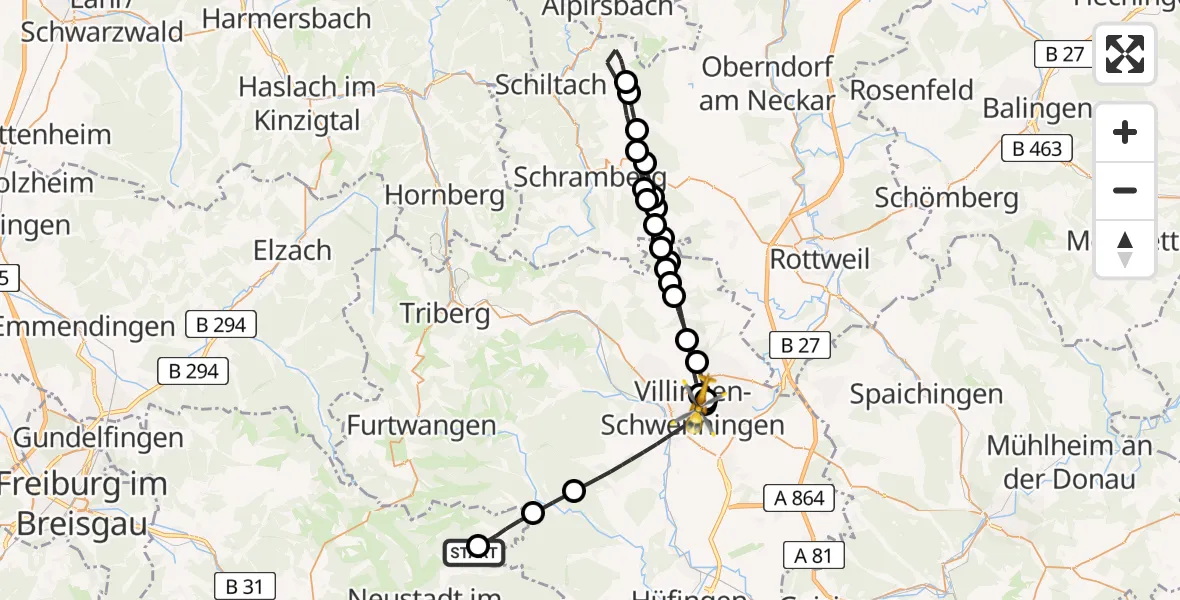 Flugroute Ambulanzhubschrauber Titisee-Neustadt - DRF Air Rescue Station Villingen-Schwenningen Hubschrauberlandeplatz (Christoph 11), 07 Juli 2026, 15:16