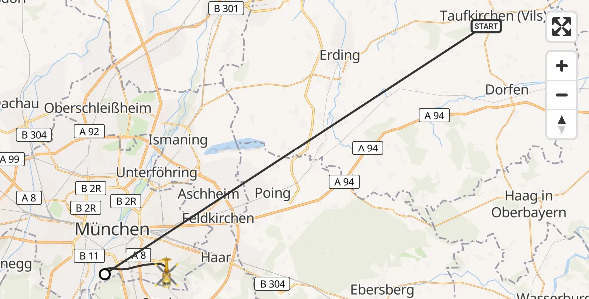 Flugroute Rettungshubschrauber Taufkirchen (Vils) - München, 07 Juli 2026, 15:18