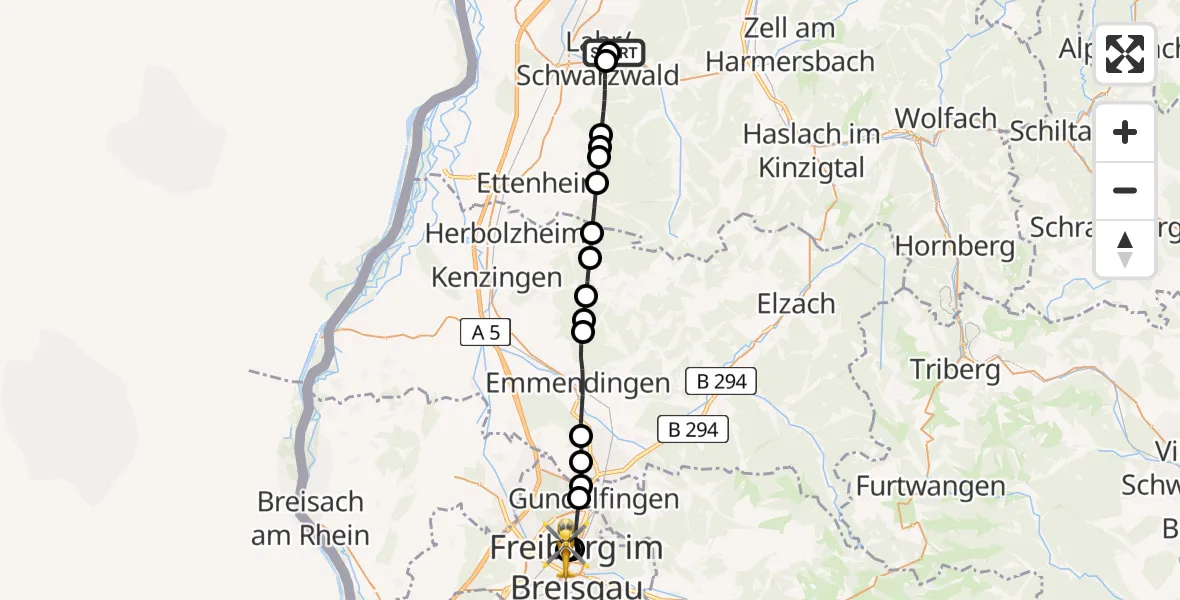 Flugroute Rettungshubschrauber Ortenau Hospital Lahr-Ettenheim - Freiburg University Hospital Heliport 1, 07 Juli 2026, 15:22
