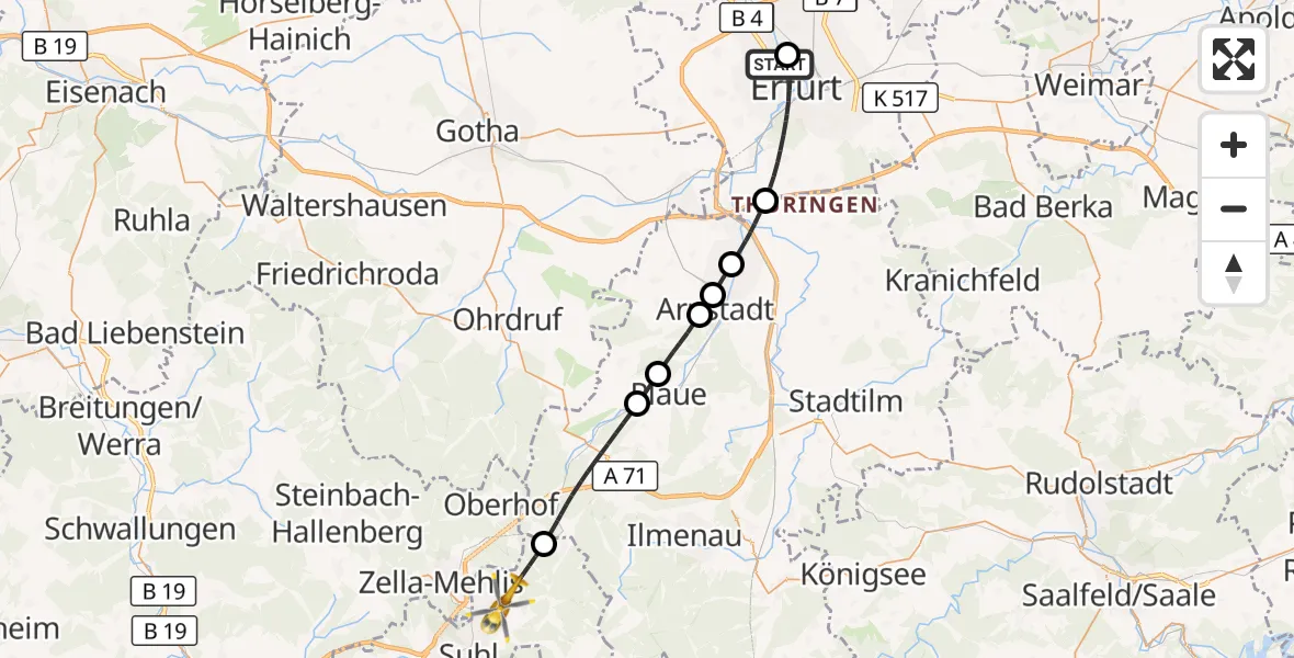 Flugroute Rettungshubschrauber Helios Clinic Erfurt - Suhl, 07 Juli 2026, 15:30