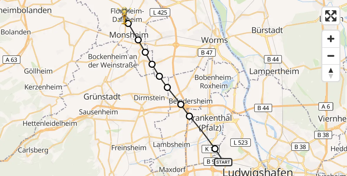 Flugroute Rettungshubschrauber Ludwigshafen am Rhein - Flörsheim-Dalsheim, 07 Juli 2026, 15:31