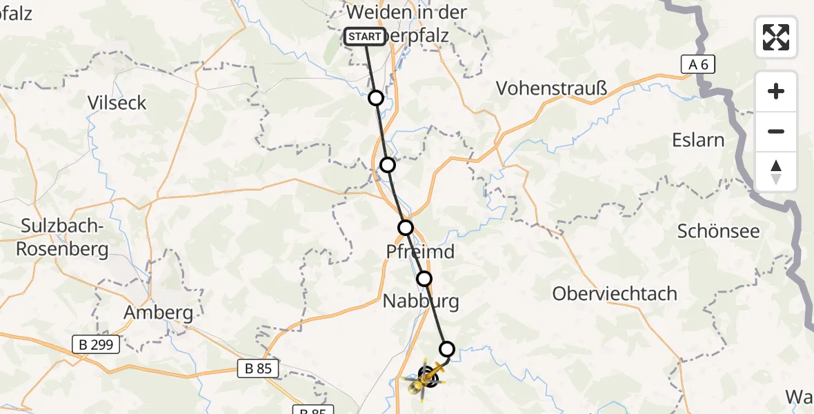 Flugroute Ambulanzhubschrauber Weiden i.d.OPf. - Schwarzenfeld, 07 Juli 2026, 15:38