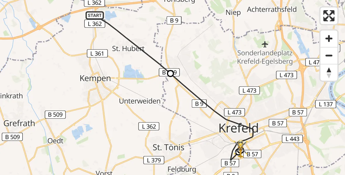 Flugroute Rettungshubschrauber Kempen - Helios Clinic Krefeld, 07 Juli 2026, 15:38