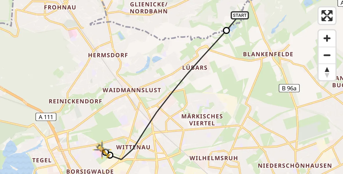 Flugroute Rettungshubschrauber Mühlenbecker Land - Vivantes Humboldt Clinic, 07 Juli 2026, 15:40