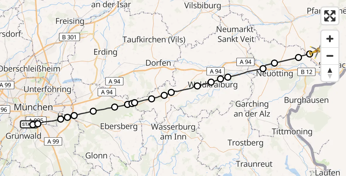 Flugroute Rettungshubschrauber ADAC Air Rescue Center Hubschrauberlandeplatz (Christoph 1) - Tann, 07 Juli 2026, 15:41