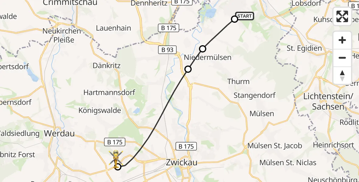 Flugroute Rettungshubschrauber Rudolf Virchow Hospital Glauchau - ADAC Air Rescue Station Zwickau Hubschrauberlandeplatz, 07 Juli 2026, 15:46