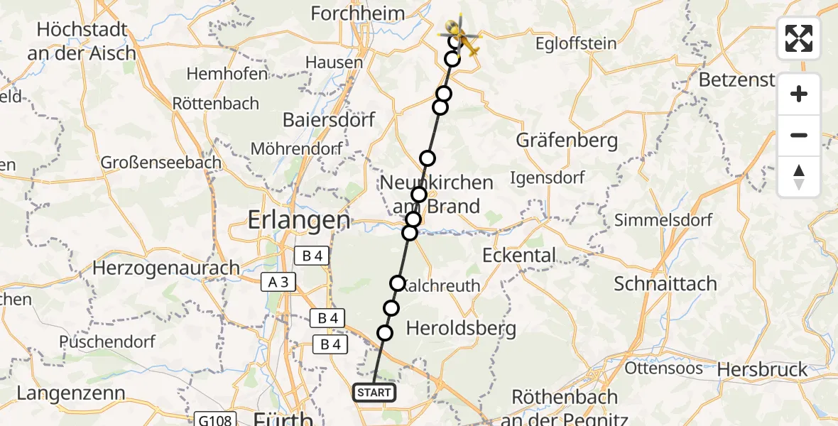 Flugroute Ambulanzhubschrauber Flughafen Nuremberg - Wiesenthau, 07 Juli 2026, 15:54