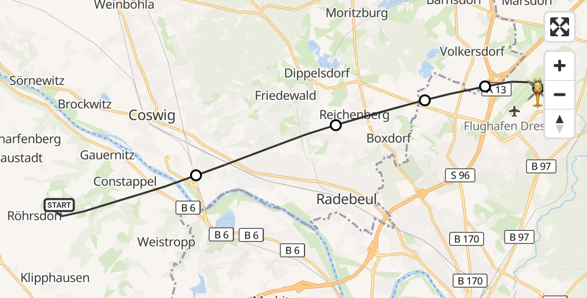 Flugroute Rettungshubschrauber Klipphausen - Dresden Bundespolizei Hubschrauberlandeplatz, 07 Juli 2026, 15:59