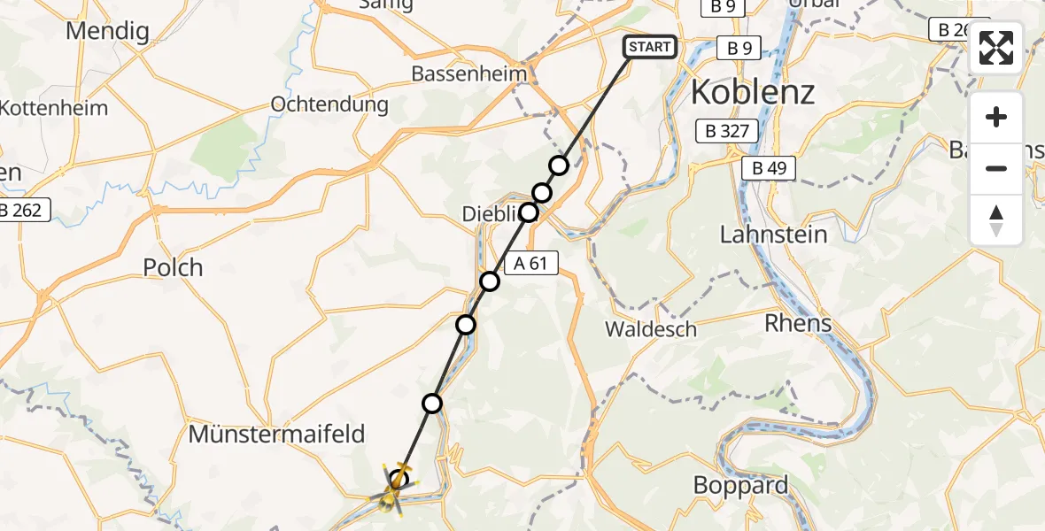 Flugroute Rettungshubschrauber Koblenz - Hatzenport, 07 Juli 2026, 16:00