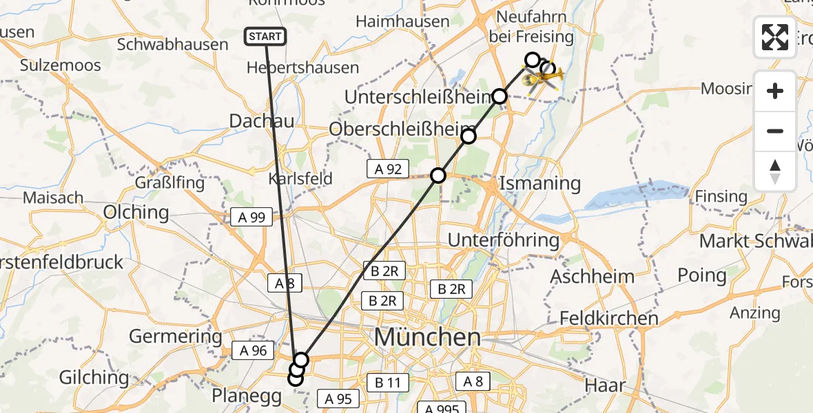 Flugroute Rettungshubschrauber Röhrmoos - Eching, 07 Juli 2026, 16:03