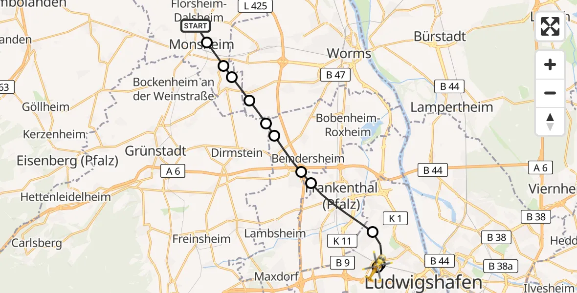 Flugroute Rettungshubschrauber Flörsheim-Dalsheim - Ludwigshafen Accident Hospital, 07 Juli 2026, 16:04