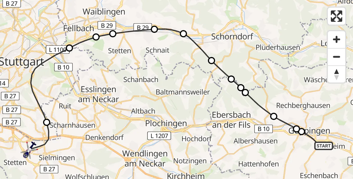 Flugroute Polizeihubschrauber Göppingen - Flughafen Stuttgart, 07 Juli 2026, 16:09