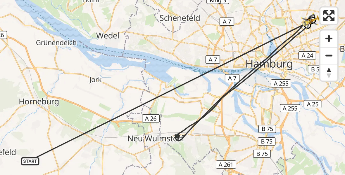 Flugroute Rettungshubschrauber Harsefeld - Hamburg Military Hospital, 07 Juli 2026, 16:11