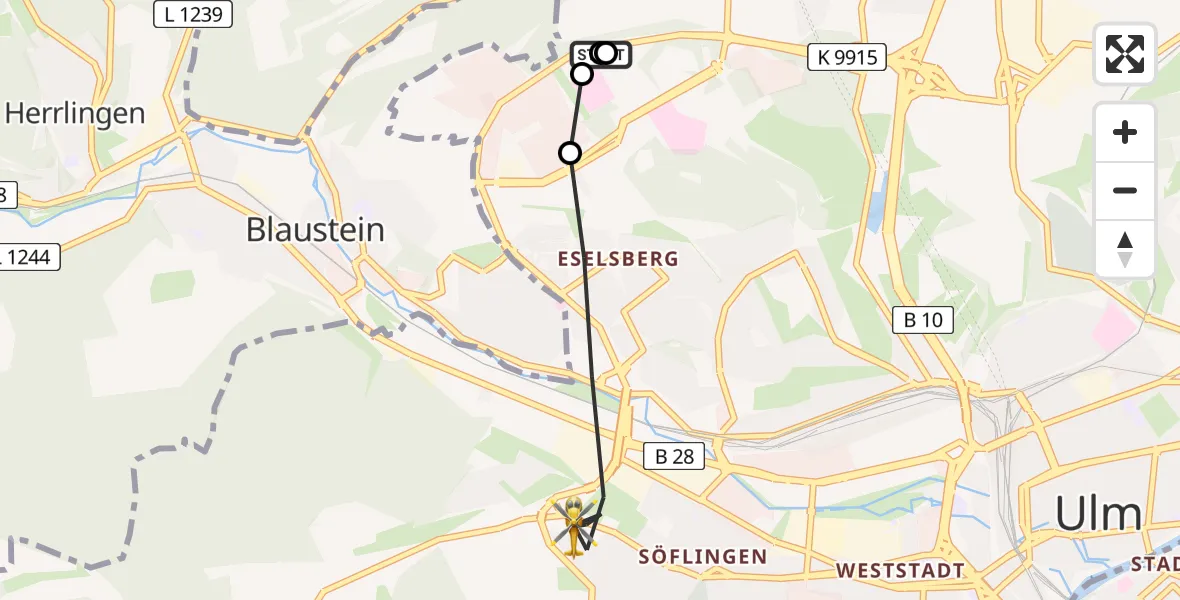 Flugroute Rettungshubschrauber Ulm Military Hospital Emergency - Ulm, 07 Juli 2026, 16:11
