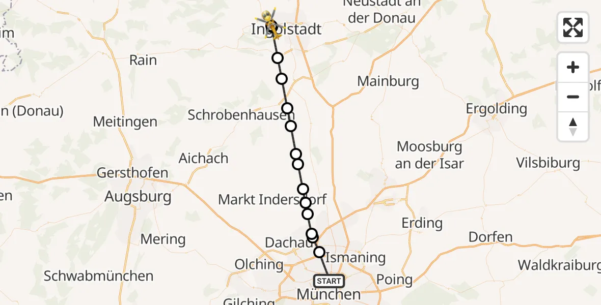 Flugroute Rettungshubschrauber München - Ingolstadt Hospital, 07 Juli 2026, 16:14