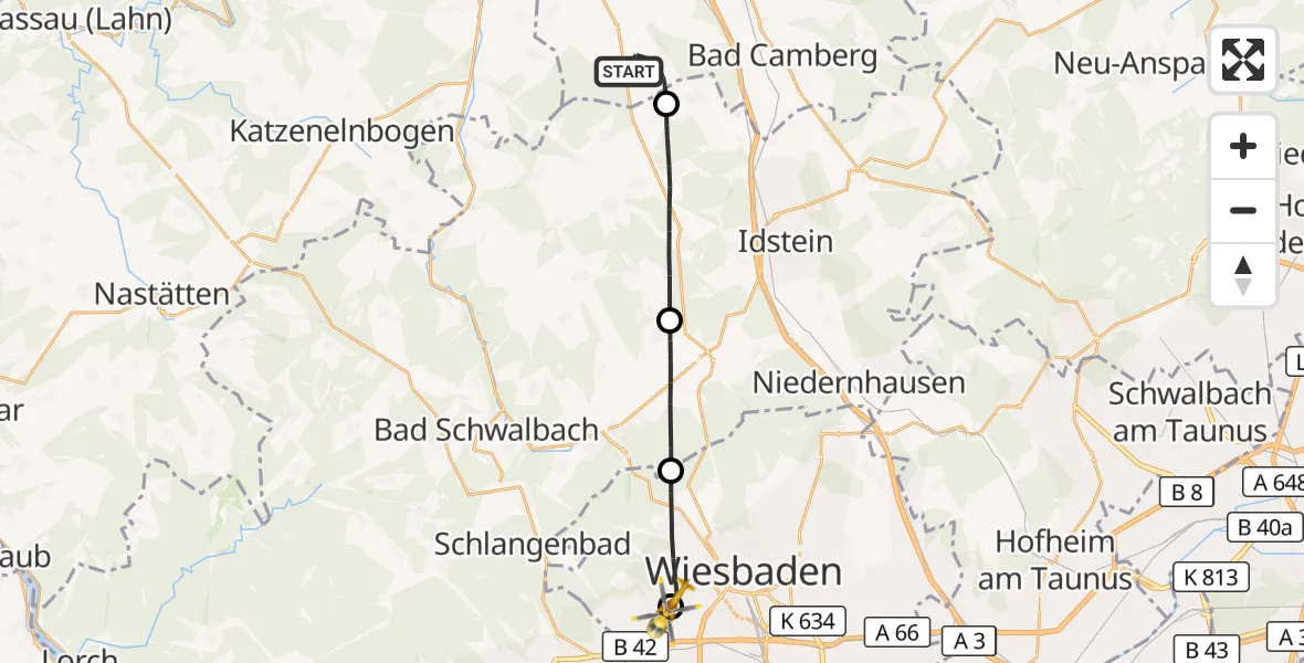 Flugroute Rettungshubschrauber Hünfelden - Helios Horst Schmidt Klinik (HSK) Hubschrauberlandeplatz, 07 Juli 2026, 16:14