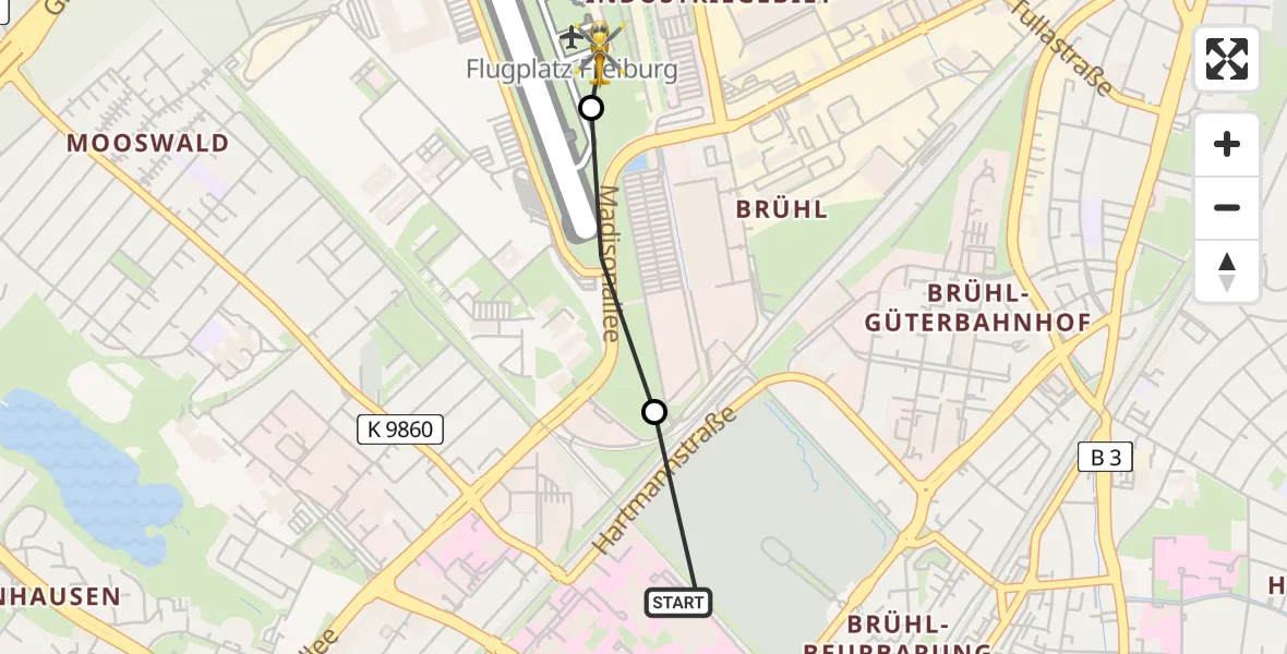 Flugroute Rettungshubschrauber Freiburg University Hospital Heliport 1 - Freiburg im Breisgau Flugplatz, 07 Juli 2026, 16:16