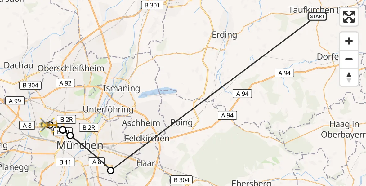 Flugroute Rettungshubschrauber Taufkirchen (Vils) - Dritter Orden University Hospital, 07 Juli 2026, 16:17