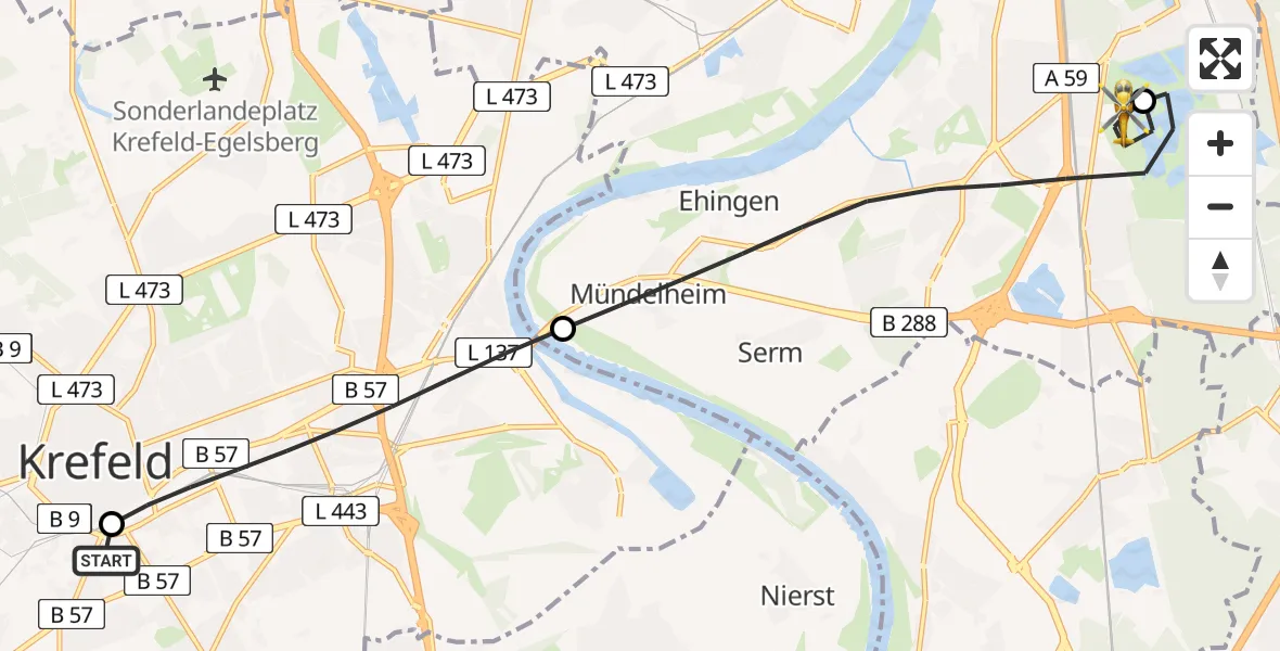 Flugroute Rettungshubschrauber Helios Clinic Krefeld - Duisburg Air Rescue Hubschrauberlandeplatz (Christoph 9), 07 Juli 2026, 16:18