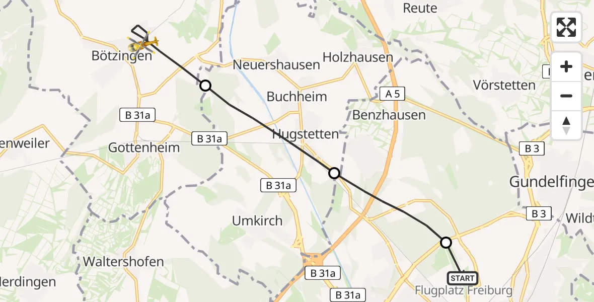 Flugroute Rettungshubschrauber Freiburg im Breisgau Flugplatz - Bötzingen, 07 Juli 2026, 16:31