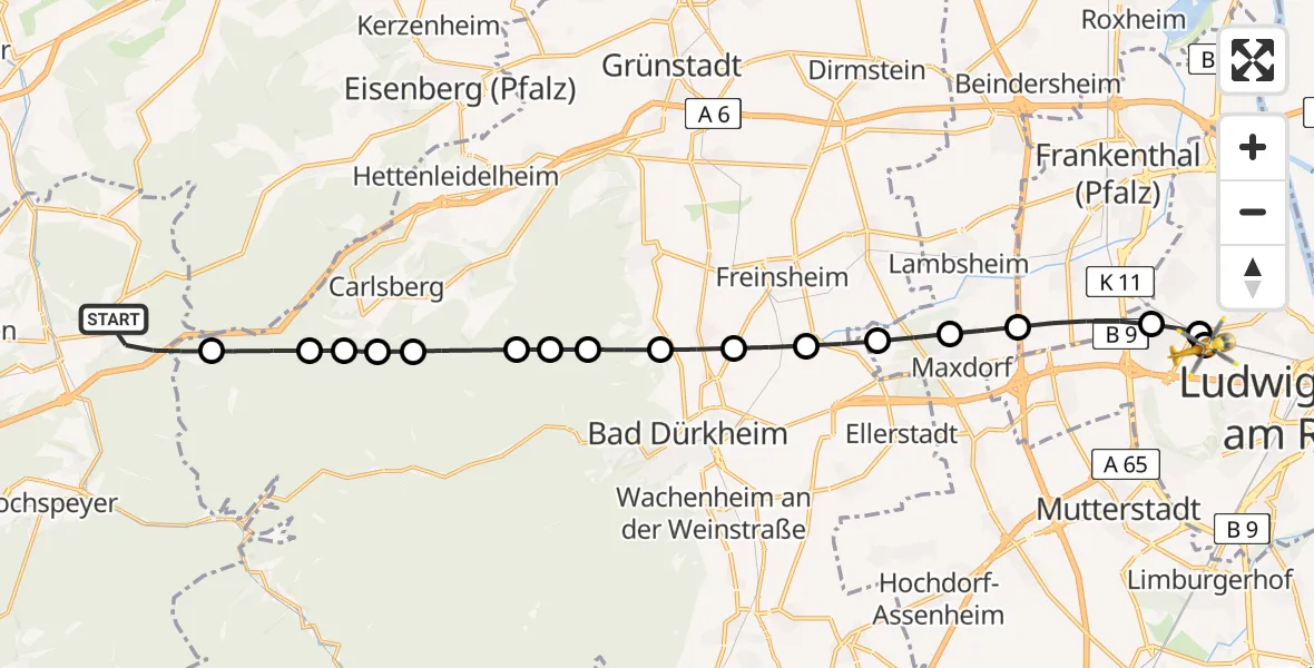 Flugroute Rettungshubschrauber Enkenbach-Alsenborn - Ludwigshafen Accident Hospital, 07 Juli 2026, 16:31