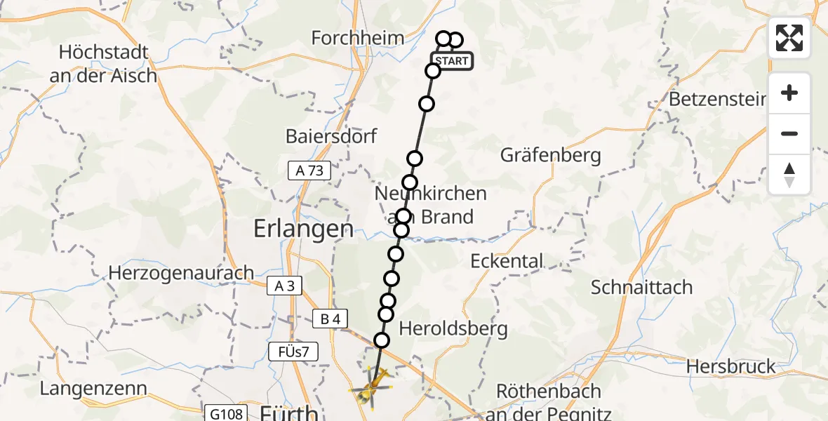 Flugroute Ambulanzhubschrauber Wiesenthau - Flughafen Nuremberg, 07 Juli 2026, 16:34