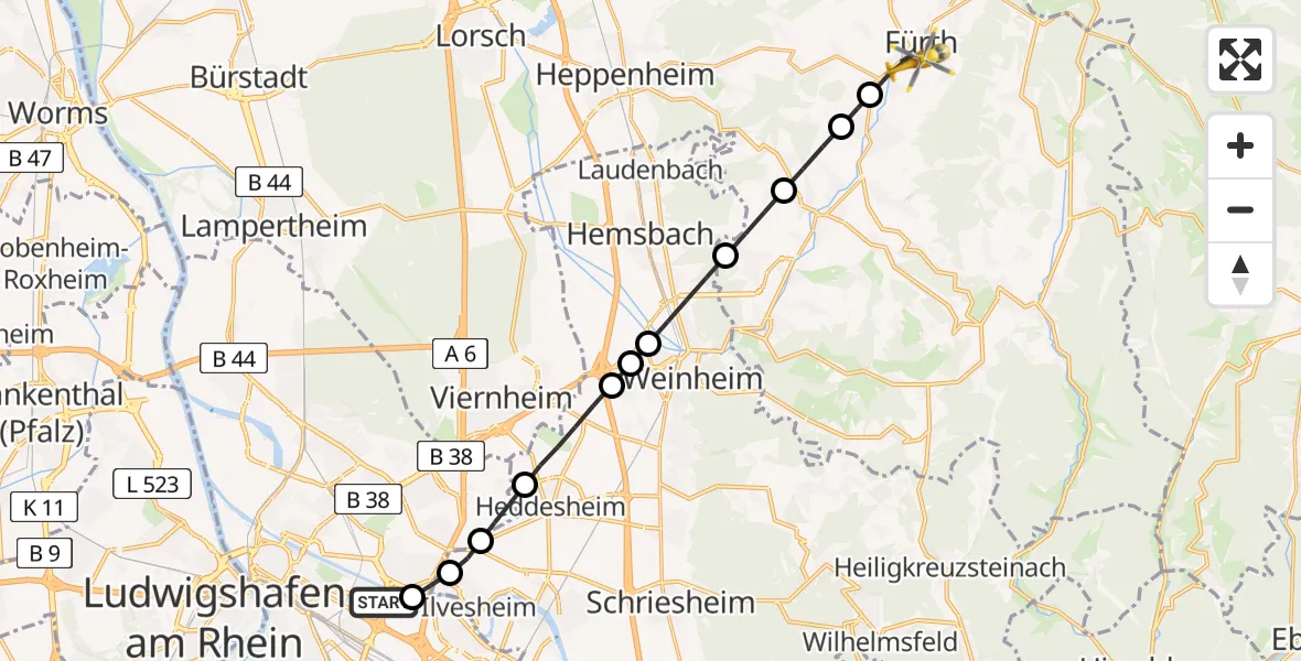 Flugroute Rettungshubschrauber Mannheim-City Flughafen - Fürth, 07 Juli 2026, 16:36