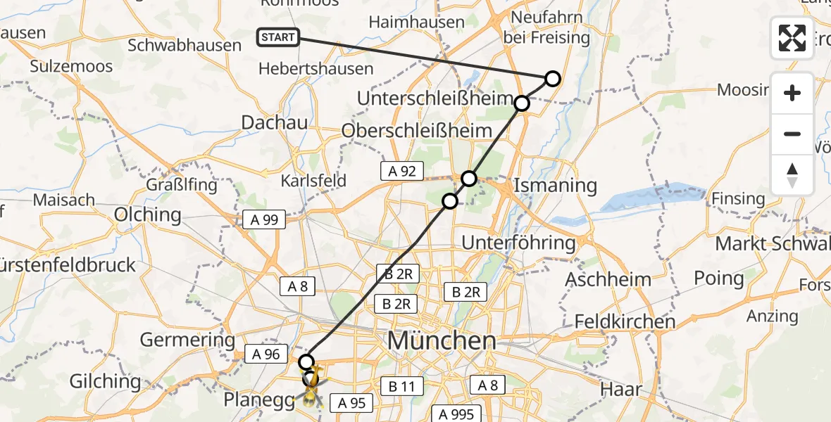 Flugroute Rettungshubschrauber Röhrmoos - DRF Air Rescue München Hubschrauberlandeplatz, 07 Juli 2026, 16:37