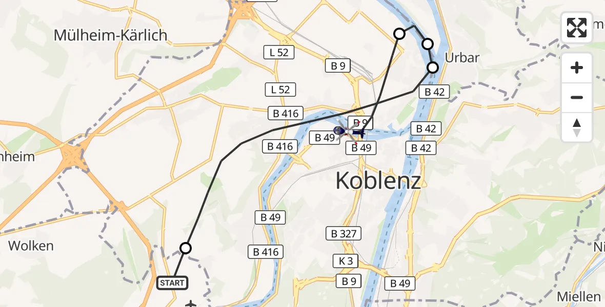 Flugroute Polizeihubschrauber Winningen - Koblenz, 07 Juli 2026, 16:41