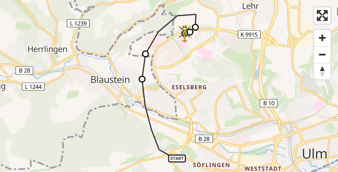 Flugroute Rettungshubschrauber Ulm - ADAC Air Rescue Station Ulm (Christoph 22), 07 Juli 2026, 16:42