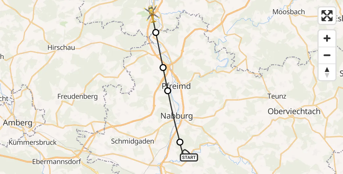 Flugroute Ambulanzhubschrauber Schwarzach b.Nabburg - Luhe-Wildenau, 07 Juli 2026, 16:43