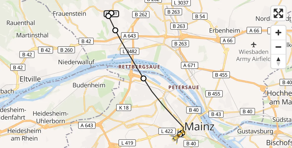 Flugroute Rettungshubschrauber Helios Horst Schmidt Clinic (HSK) - Mainz University Hospital, 07 Juli 2026, 16:45