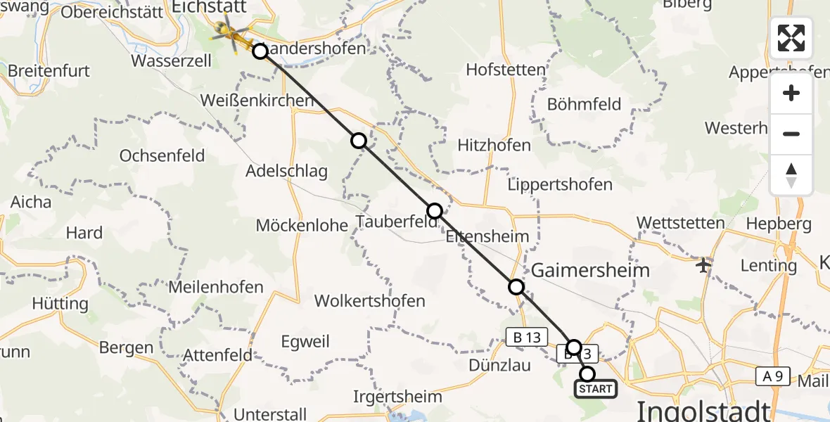 Flugroute Rettungshubschrauber Ingolstadt Hospital - Eichstätt, 07 Juli 2026, 16:45