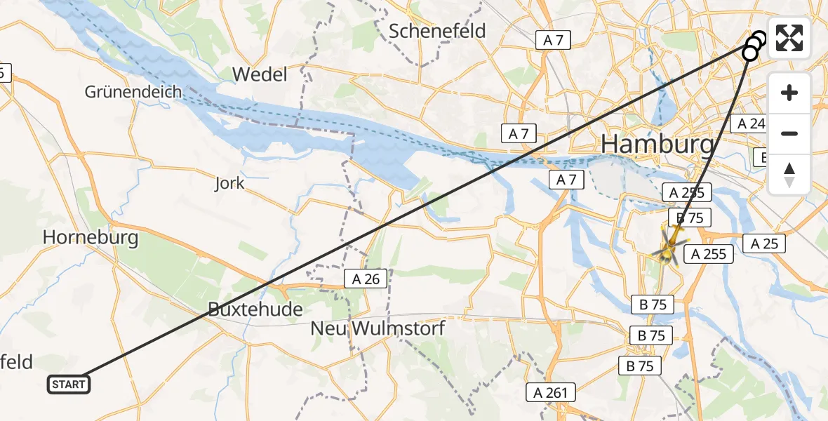 Flugroute Rettungshubschrauber Harsefeld - Hamburg, 07 Juli 2026, 16:48