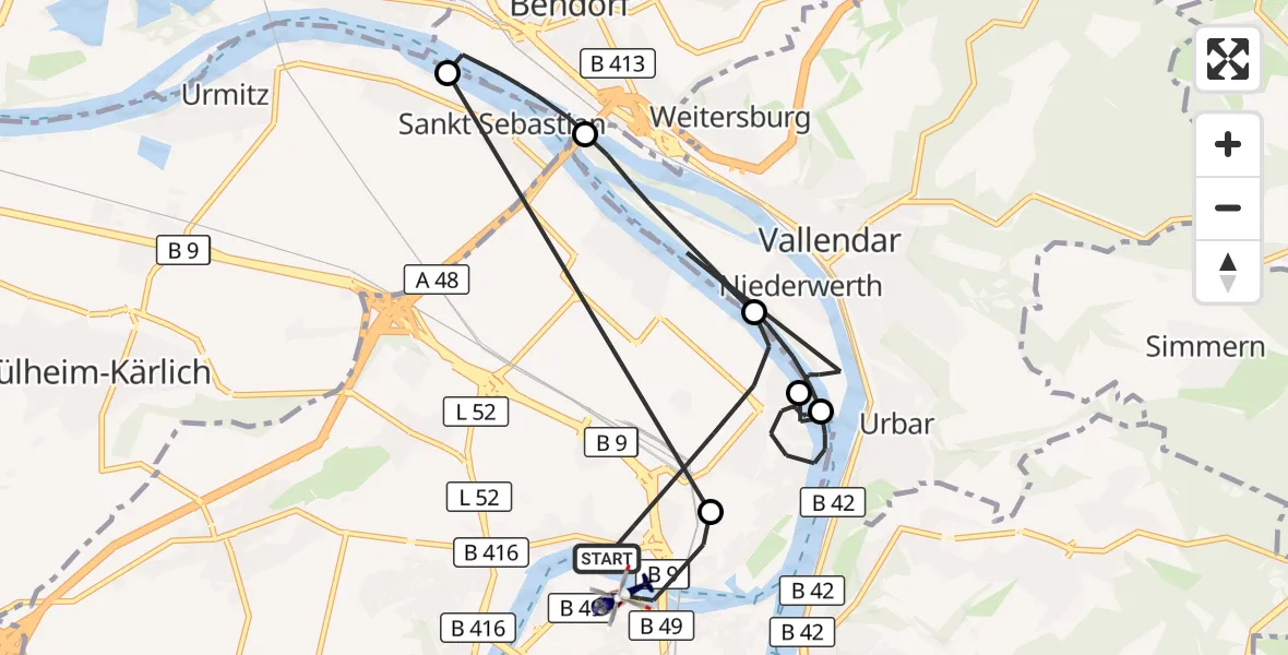 Flugroute Polizeihubschrauber Koblenz - Koblenz, 07 Juli 2026, 16:50