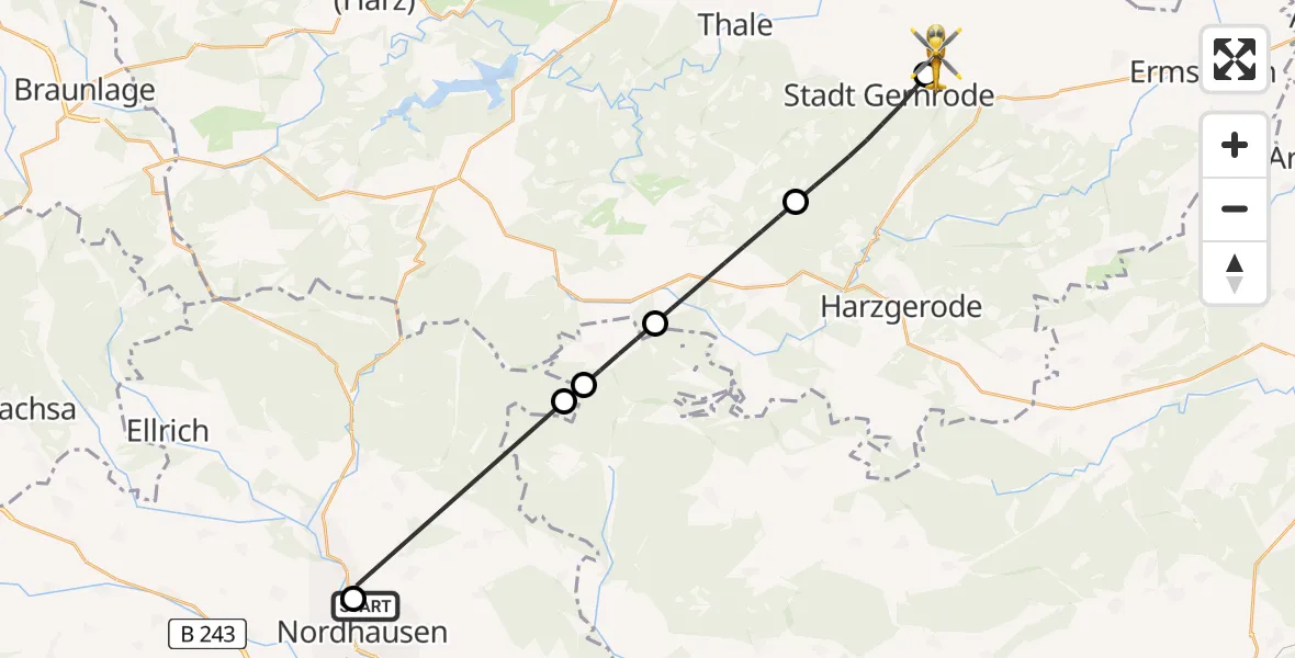 Flugroute Rettungshubschrauber Südharz Hospital Nordhausen - Ballenstedt, 07 Juli 2026, 16:52