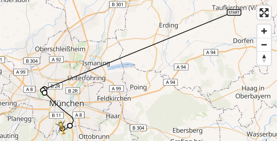 Flugroute Rettungshubschrauber Taufkirchen (Vils) - ADAC Air Rescue Center Hubschrauberlandeplatz (Christoph 1), 07 Juli 2026, 16:58